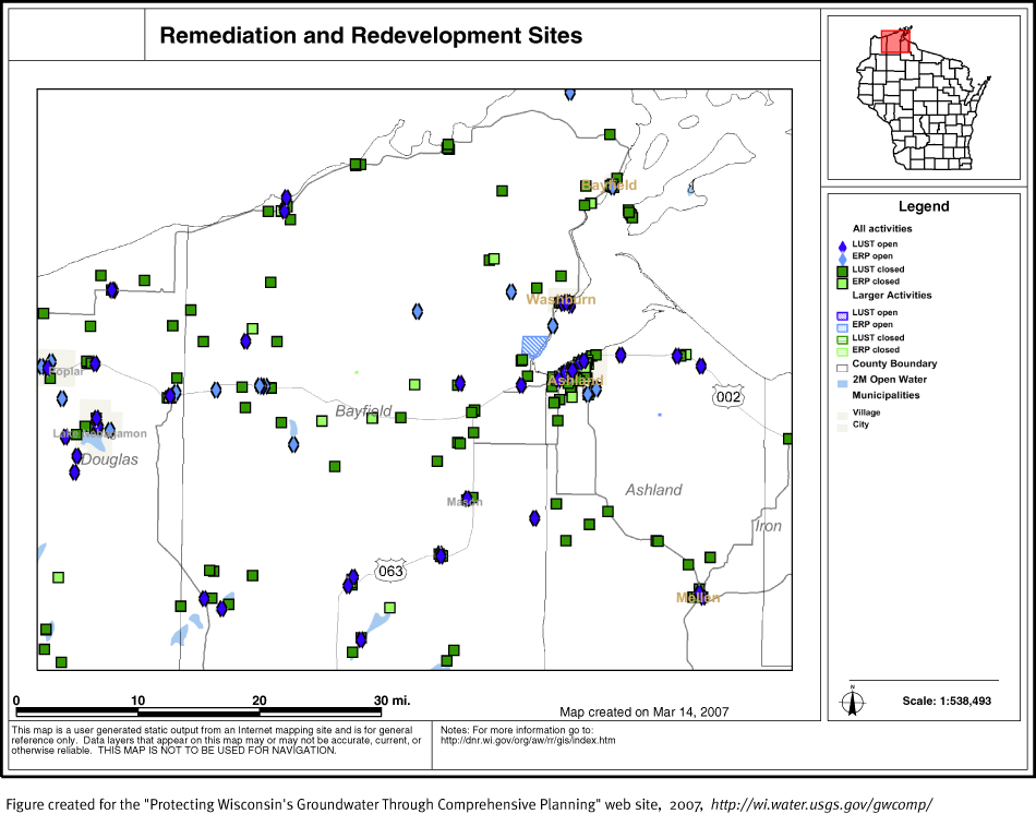BRRTS map of contaminated sites in Bayfield County