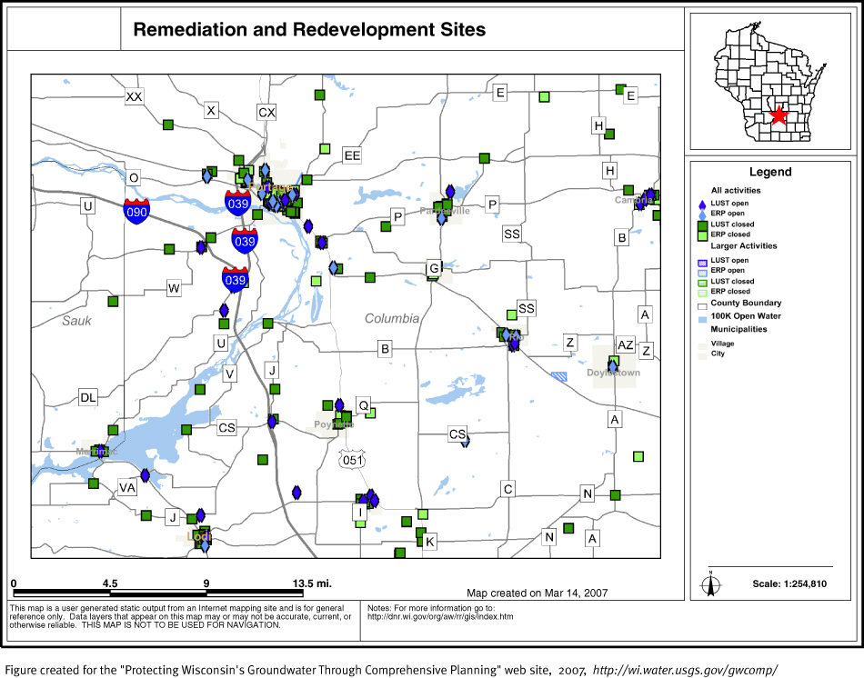 BRRTS map of contaminated sites in Columbia County