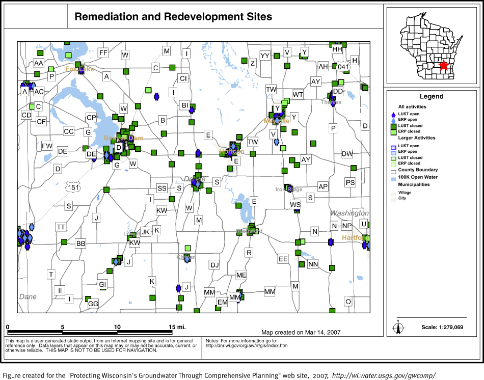 BRRTS map of contaminated sites in Dodge County