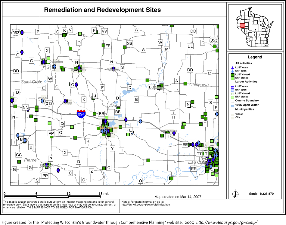 BRRTS map of contaminated sites in Dunn County