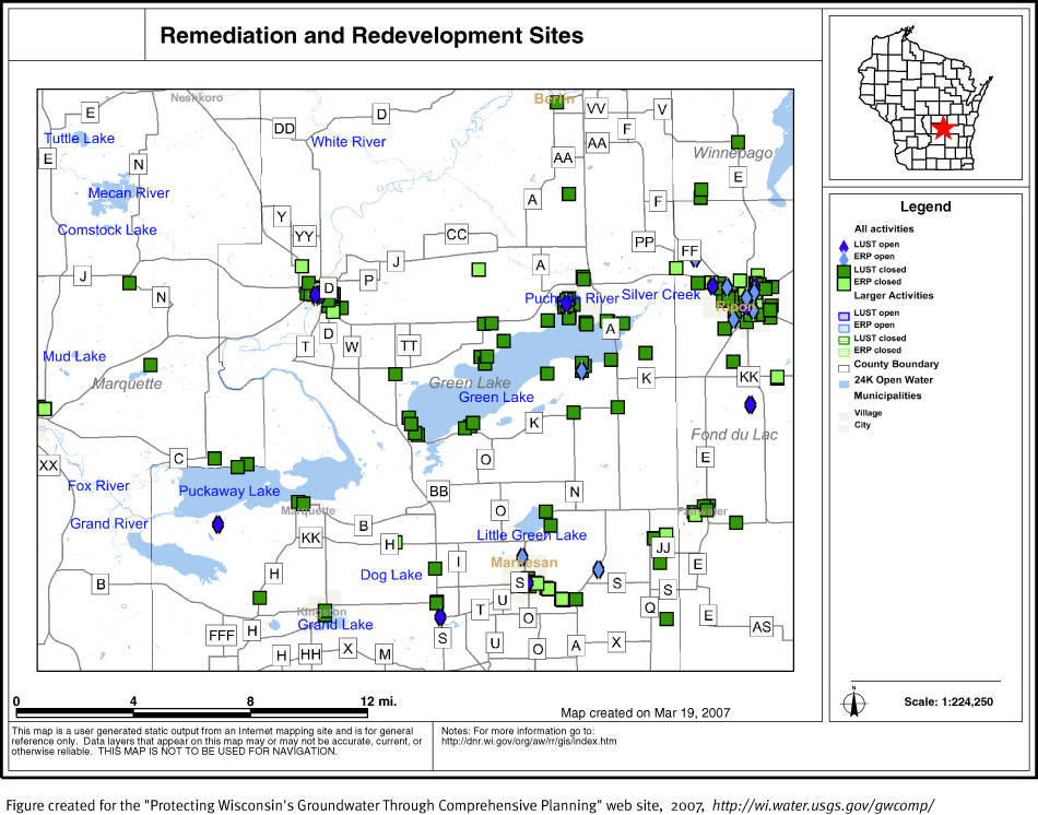 BRRTS map of contaminated sites in Green Lake County