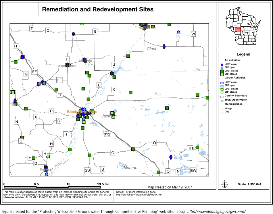 BRRTS map of contaminated sites in Jackson County
