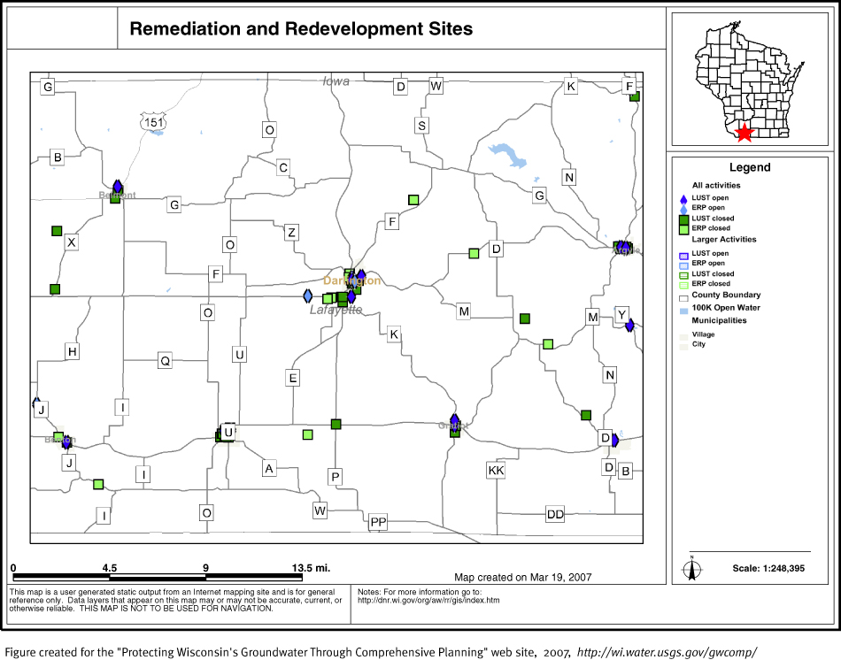 BRRTS map of contaminated sites in Lafayette County