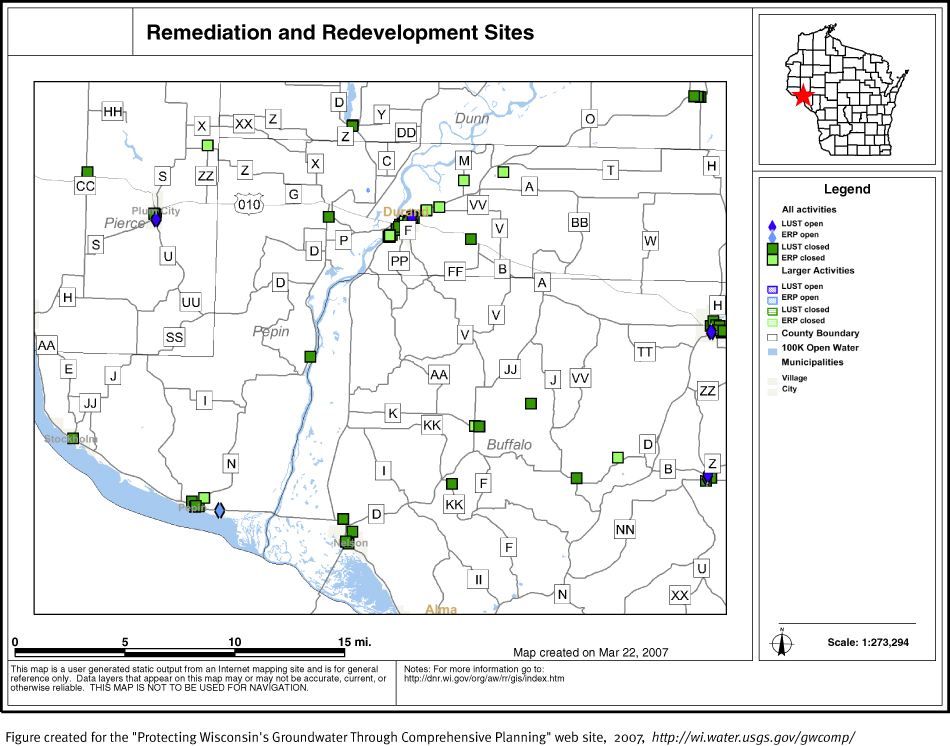 BRRTS map of contaminated sites in Pepin County