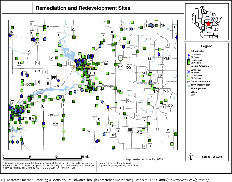 BRRTS map of contaminated sites in Portage County