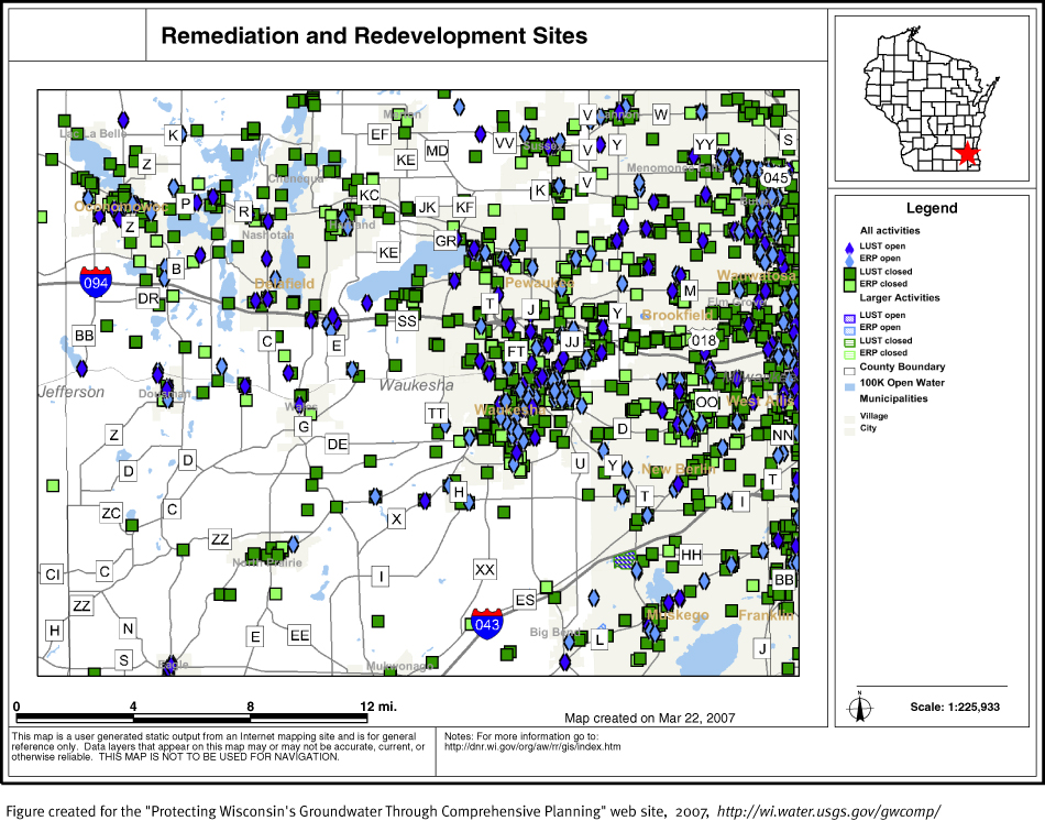 BRRTS map of contaminated sites in Waukesha County