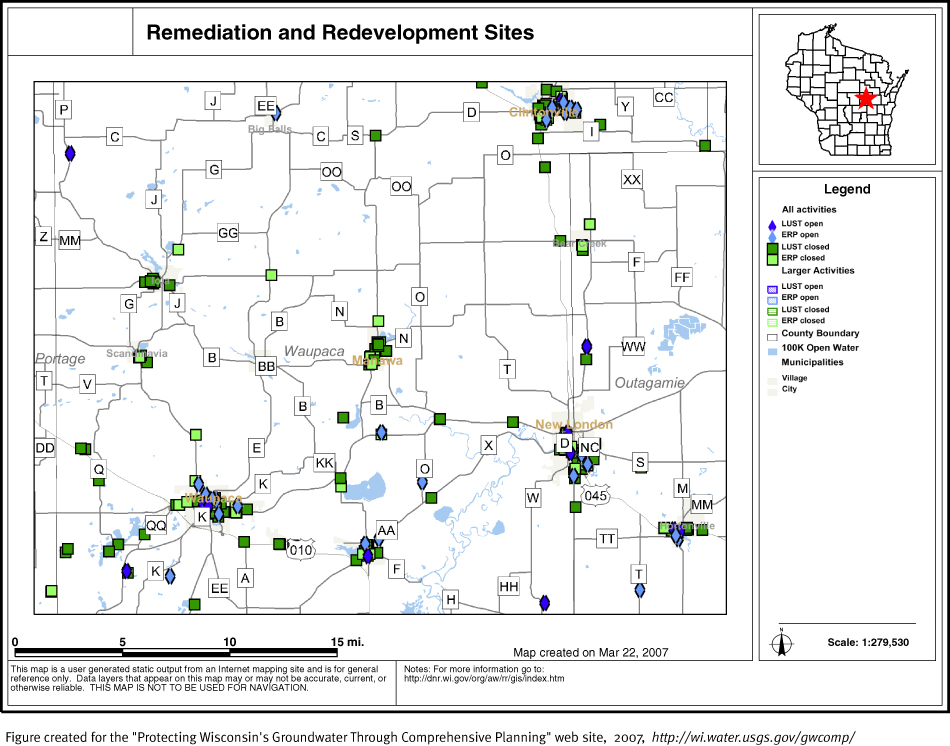 BRRTS map of contaminated sites in Waupaca County