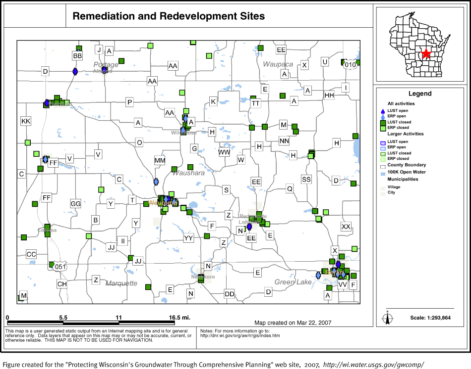 BRRTS map of contaminated sites in Waushara County
