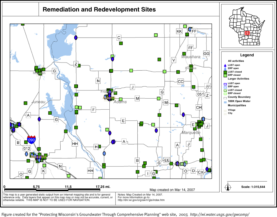BRRTS map of contaminated sites in Adams County