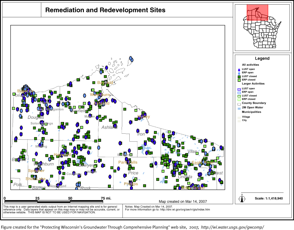 BRRTS map of contaminated sites in Ashland County