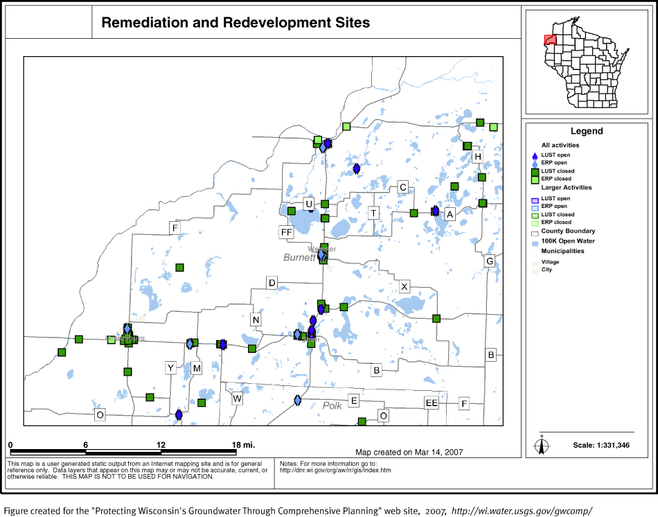BRRTS map of contaminated sites in Burnett County