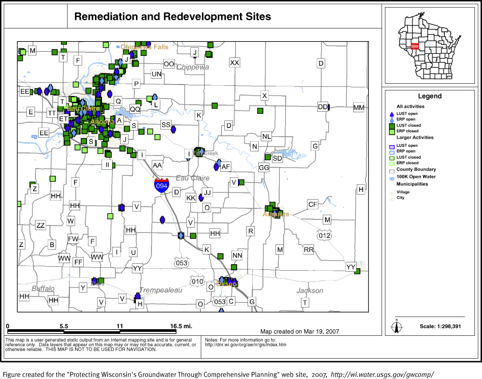 BRRTS map of contaminated sites in Eau Claire County