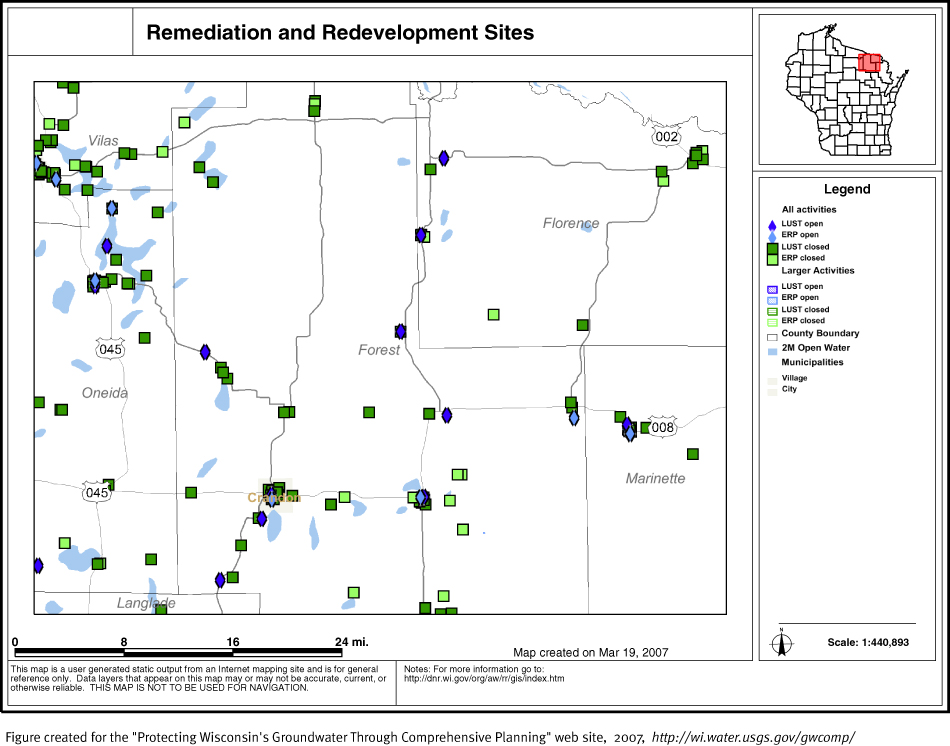 BRRTS map of contaminated sites in Forest County