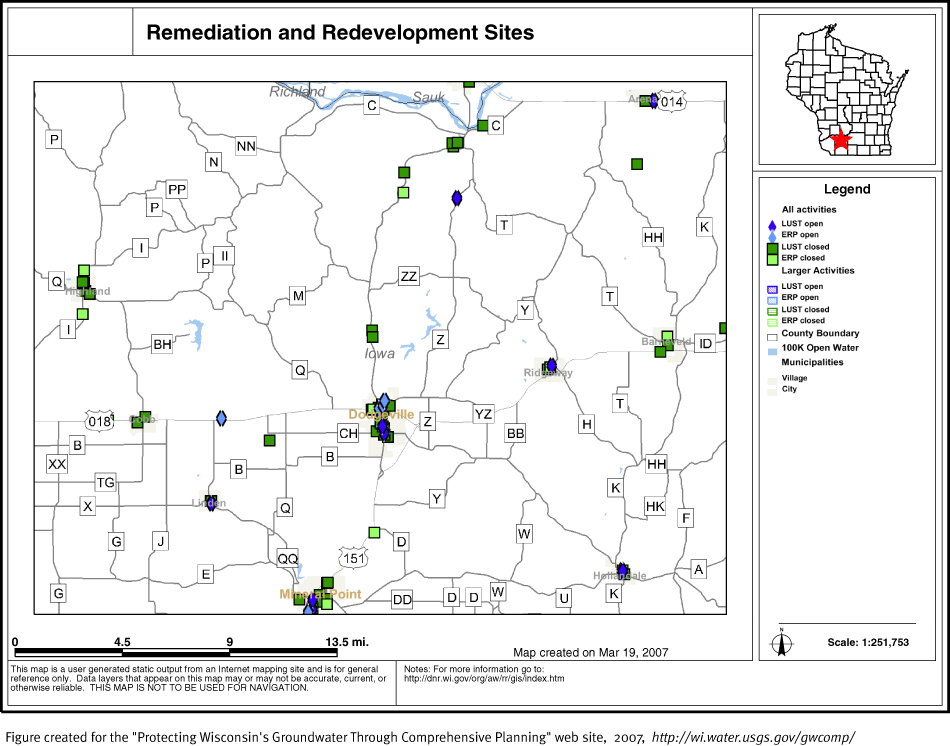 BRRTS map of contaminated sites in Iowa County