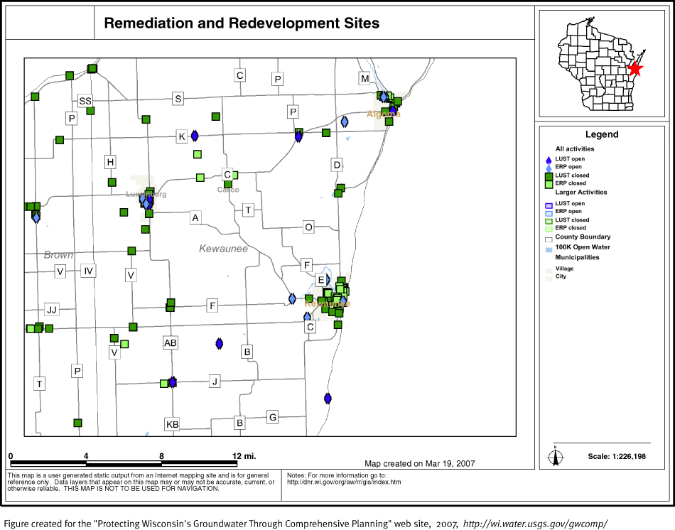 BRRTS map of contaminated sites in Kewaunee County