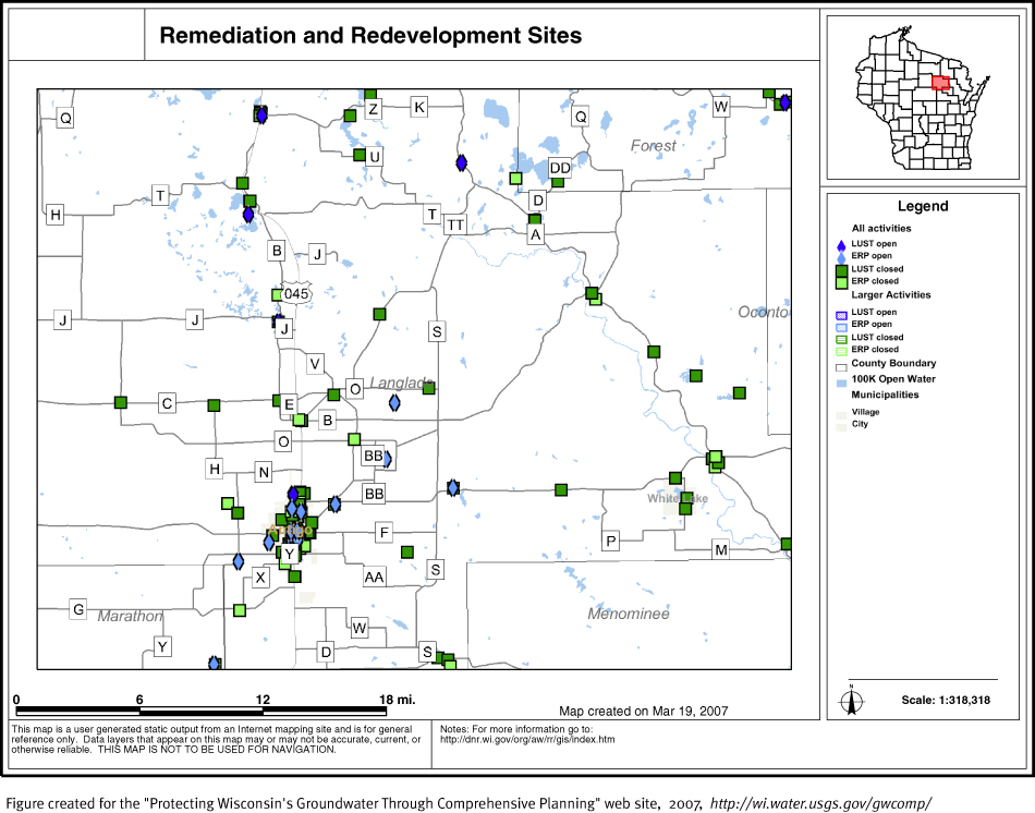 BRRTS map of contaminated sites in Langlade County