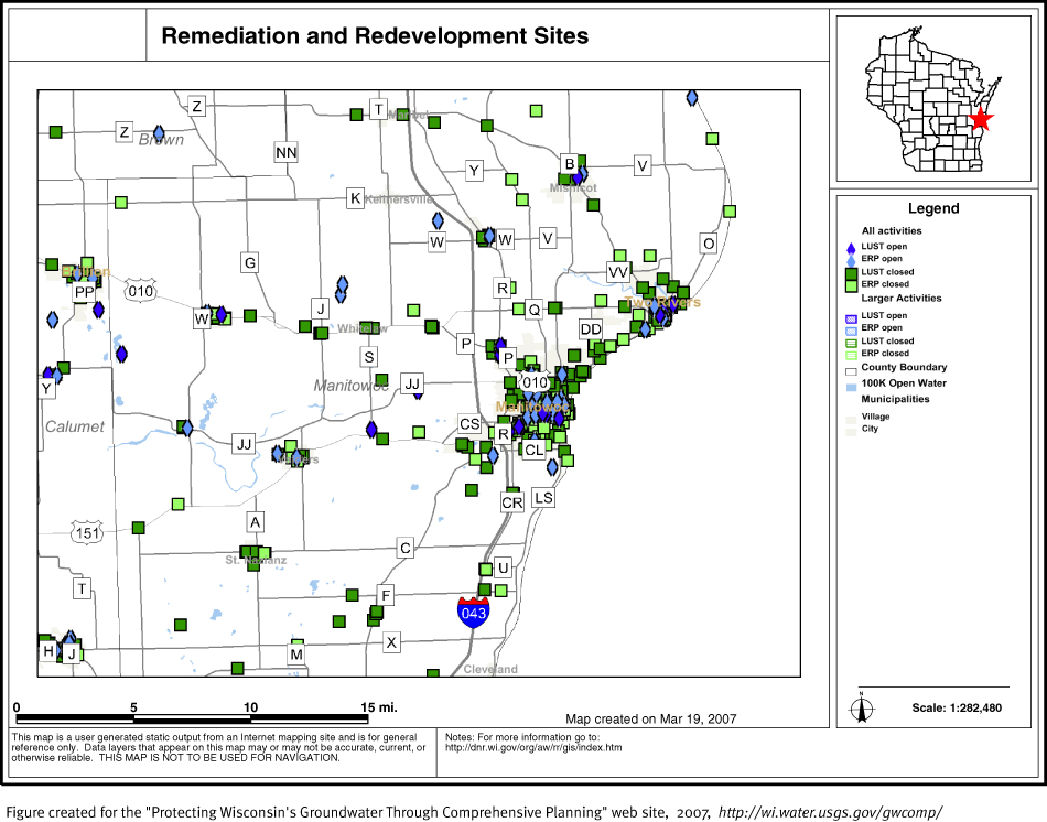 BRRTS map of contaminated sites in Manitowoc County