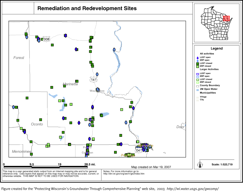 BRRTS map of contaminated sites in Marinette County