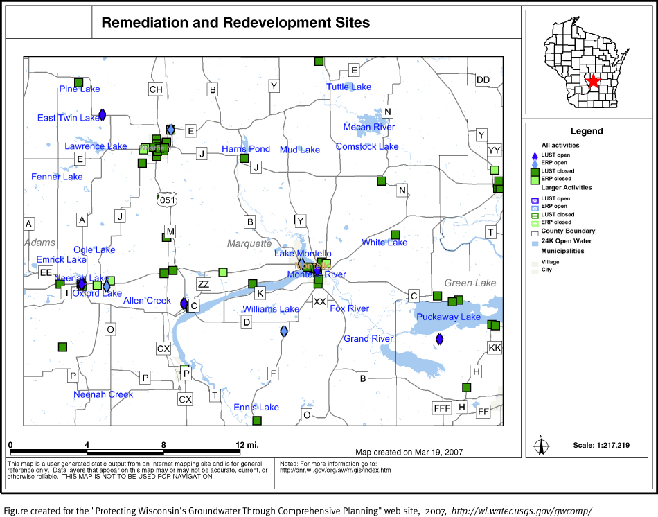 BRRTS map of contaminated sites in Marquette County