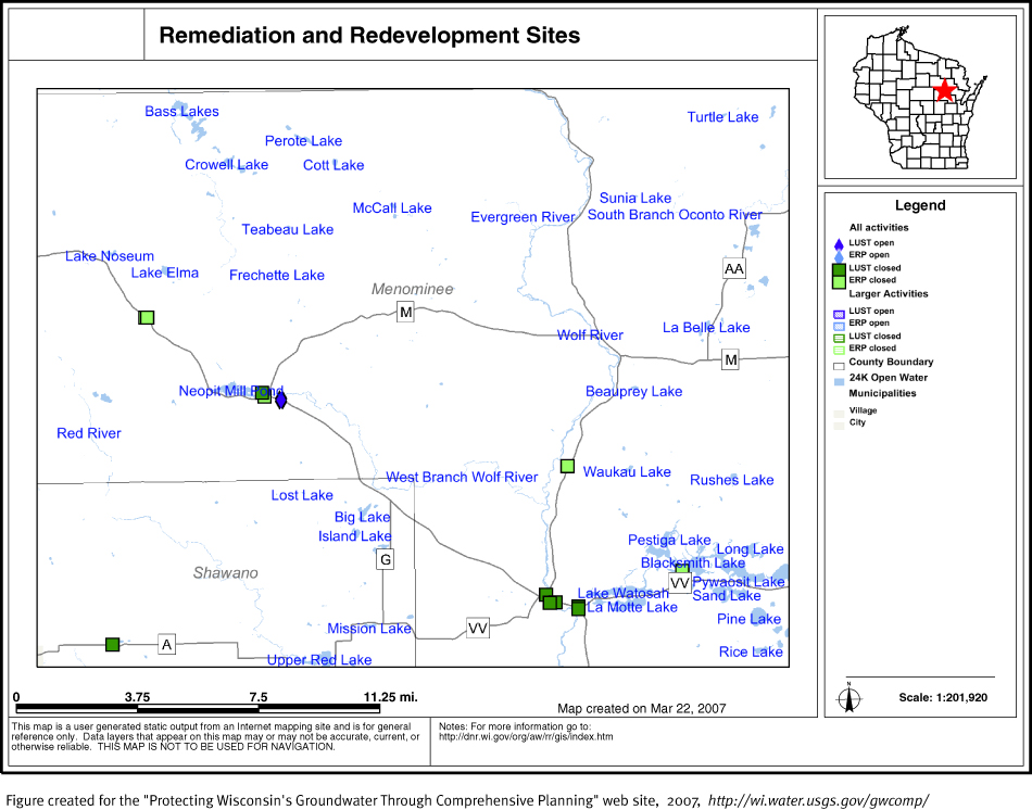 BRRTS map of contaminated sites in Menominee County