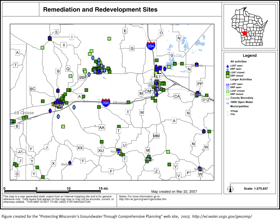 BRRTS map of contaminated sites in Monroe County