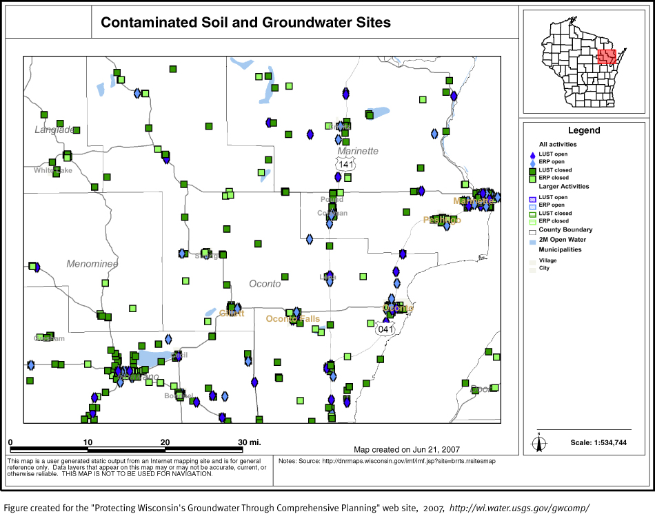 BRRTS map of contaminated sites in Oconto County