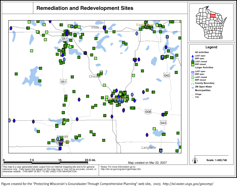 BRRTS map of contaminated sites in Oneida County