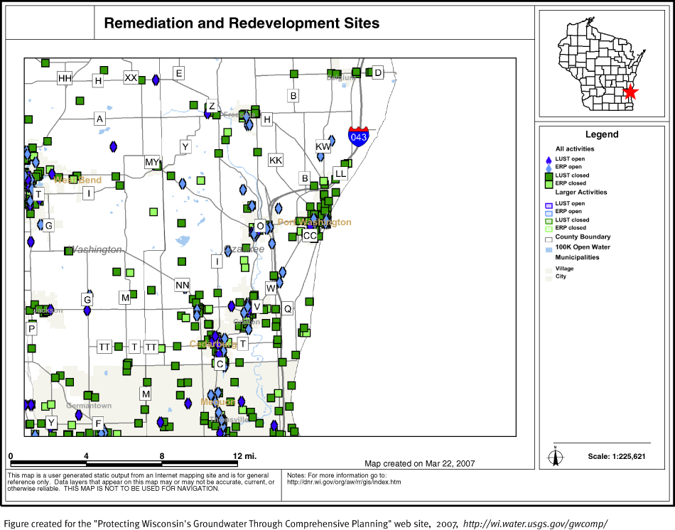 BRRTS map of contaminated sites in Ozaukee County