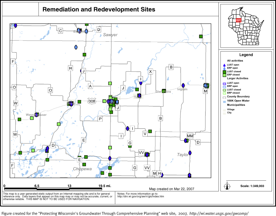 BRRTS map of contaminated sites in Rusk County