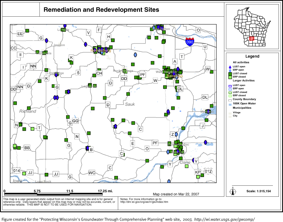 BRRTS map of contaminated sites in Sauk County