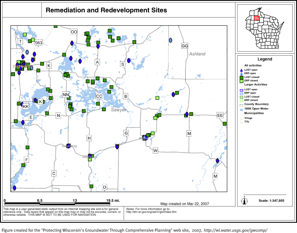 BRRTS map of contaminated sites in Sawyer County