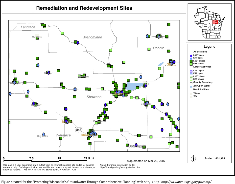 BRRTS map of contaminated sites in Shawano County