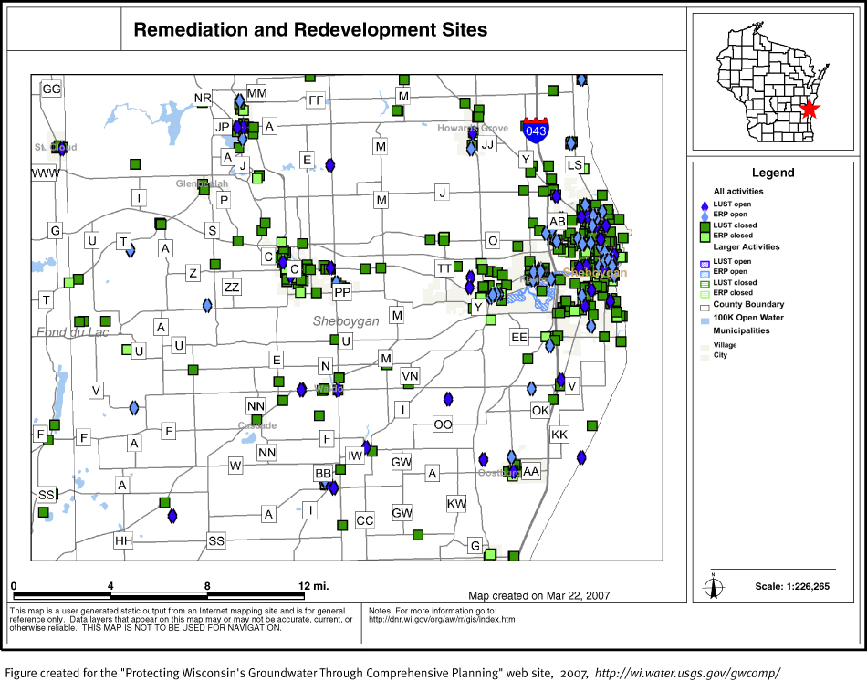 BRRTS map of contaminated sites in Sheboygan County