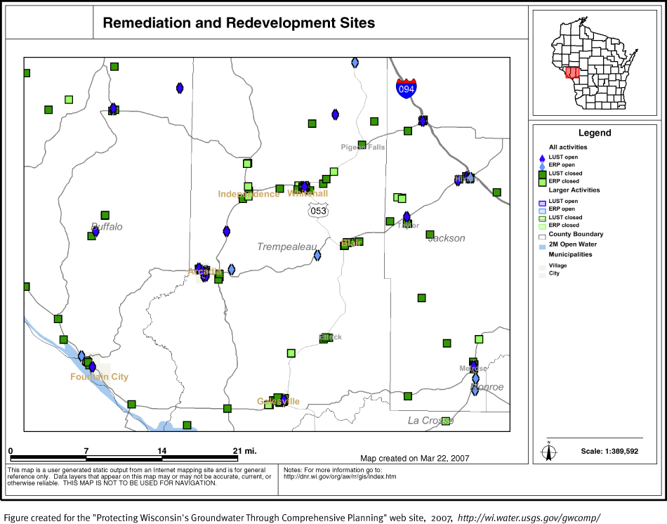 BRRTS map of contaminated sites in Trempealeau County