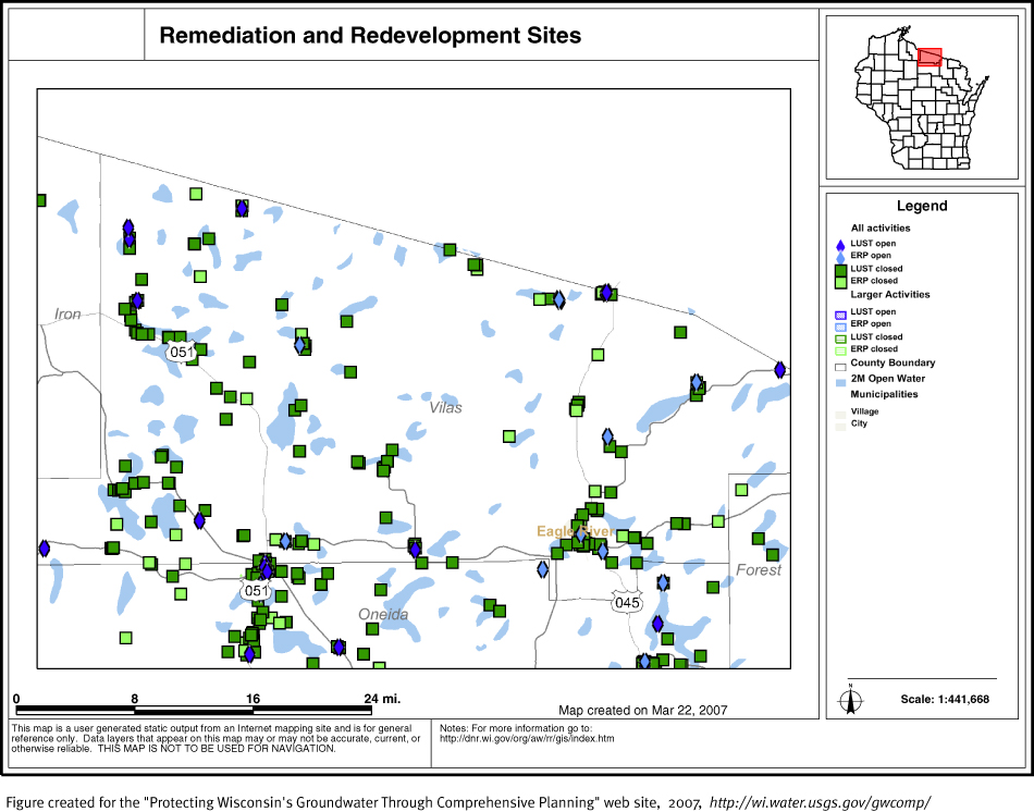 BRRTS map of contaminated sites in Vilas County
