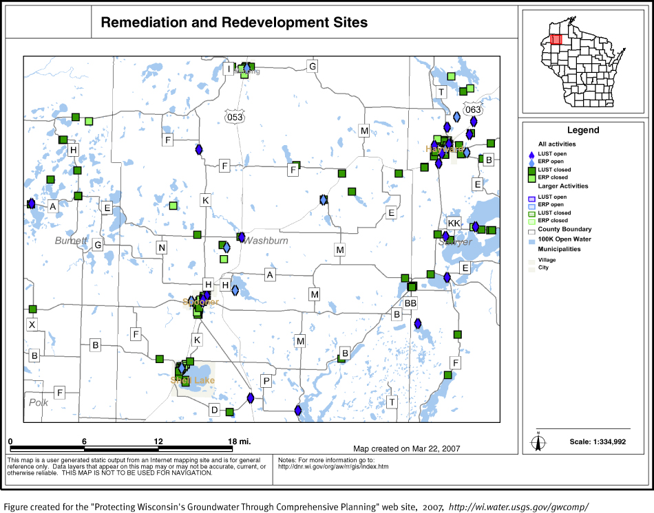 BRRTS map of contaminated sites in Washburn County