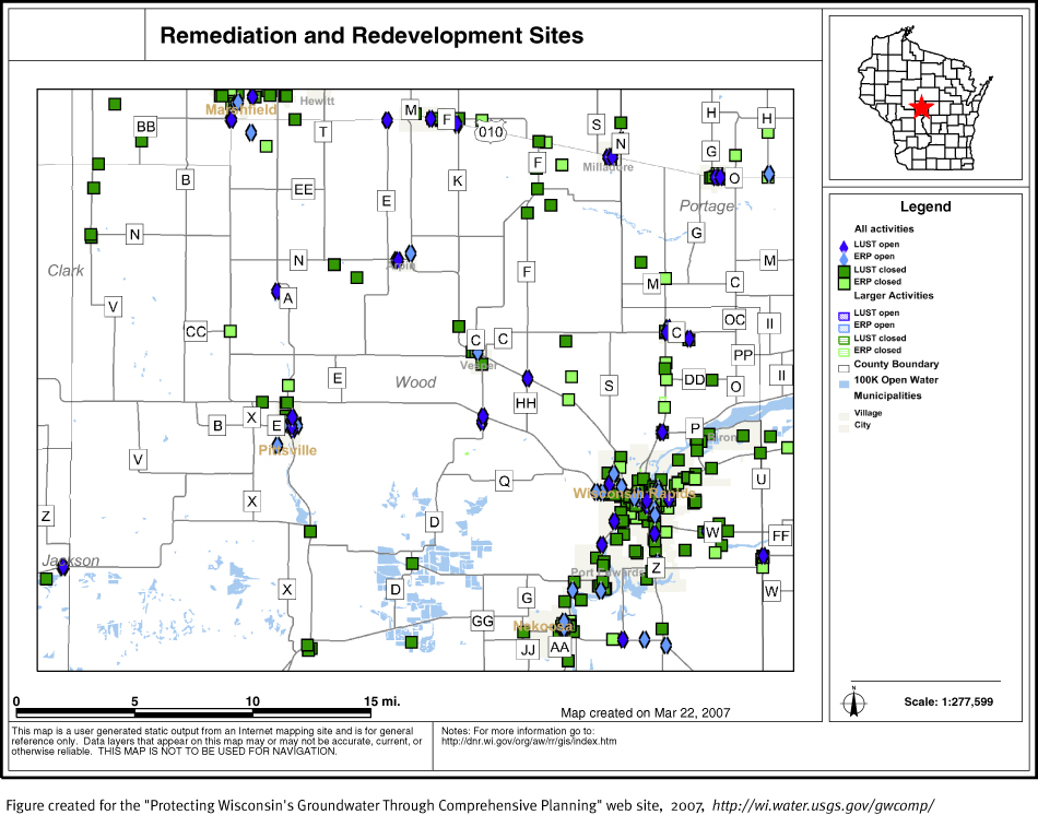 BRRTS map of contaminated sites in Wood County