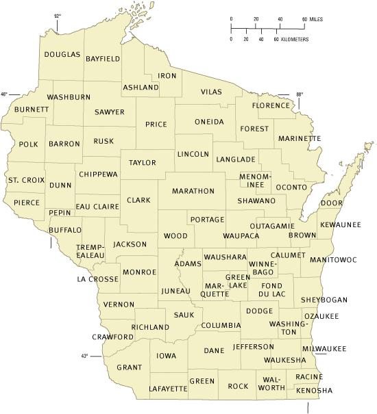 Map of Wisconsin showing counties